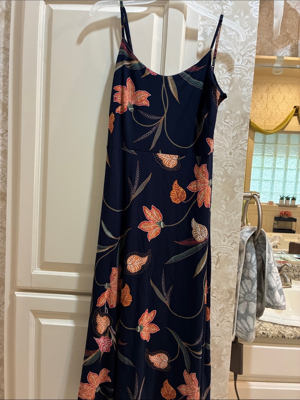 LOFT Navy Floral Midi Slip Dress with Coral Accents